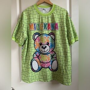 MICCKAKA Japanese Colorful Bear Graphic T-Shirt Size XL Embellished Art